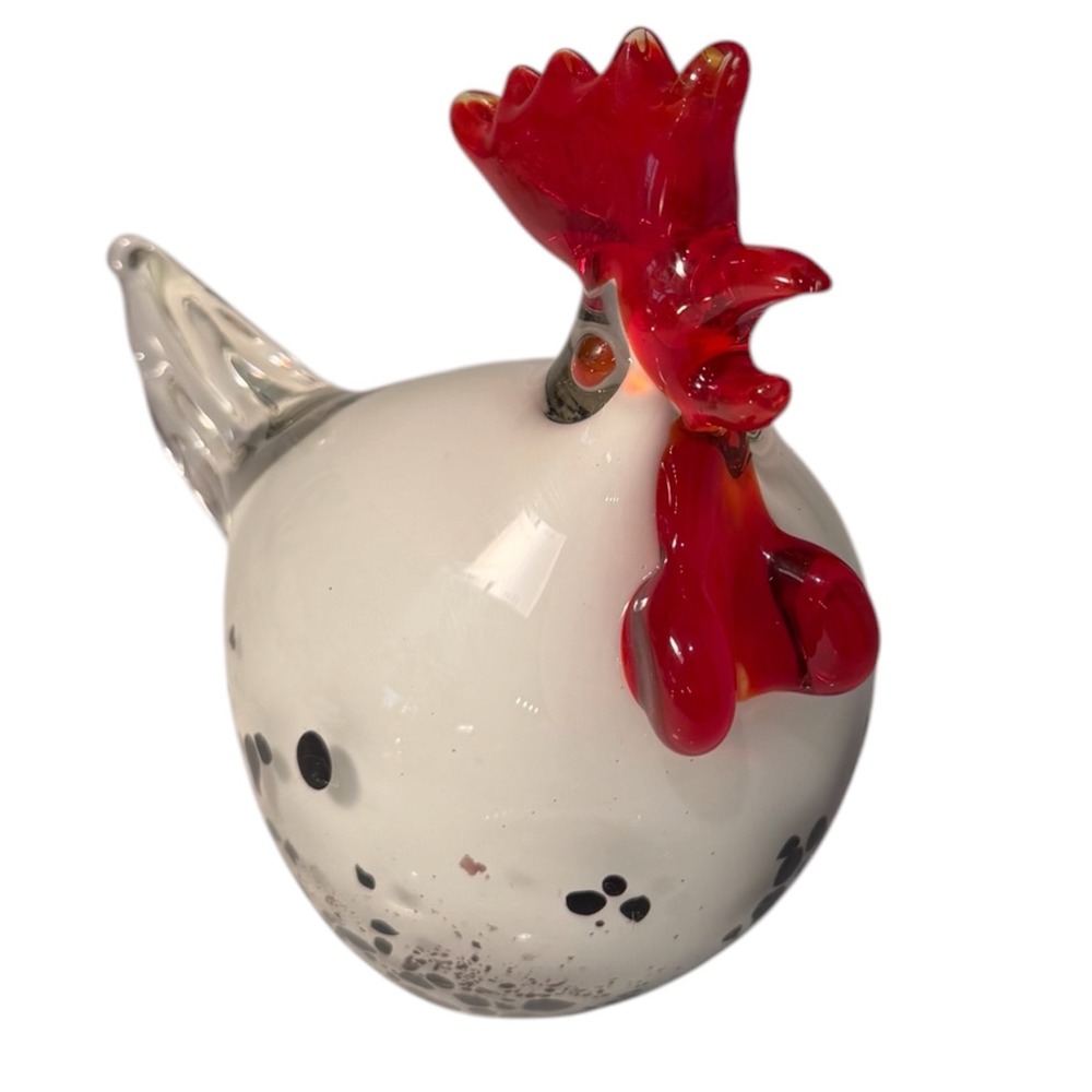 Hand Blown Art Glass Rooster White with Black Speckles & Red Comb Figurine